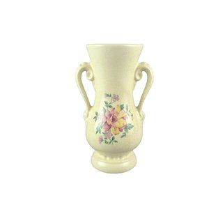 Vase Royal Copley Floral Design Beaded Double Handles 6" Tall